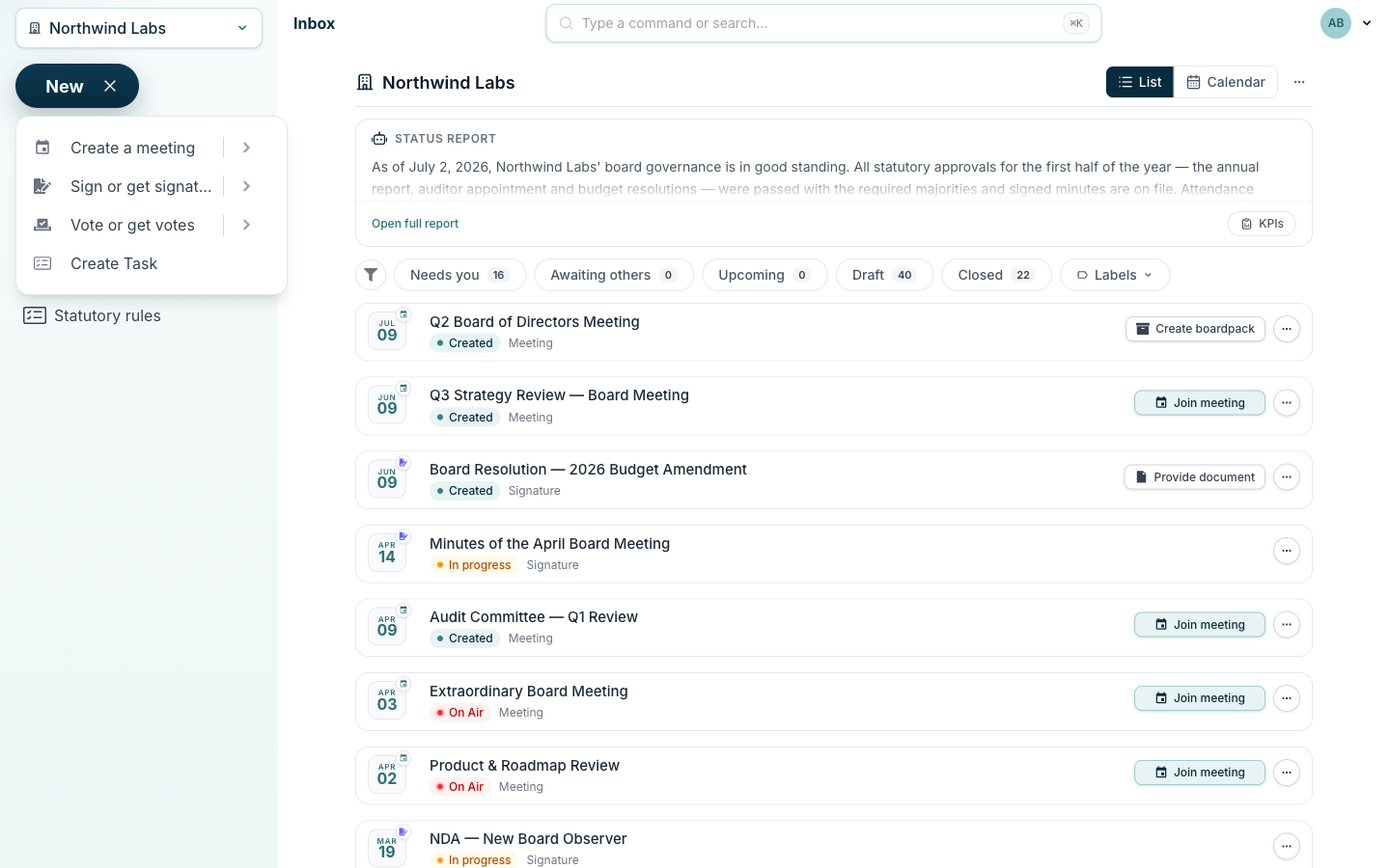 BoardiGO “New” menu for starting a board meeting, signature, vote or task in one click.