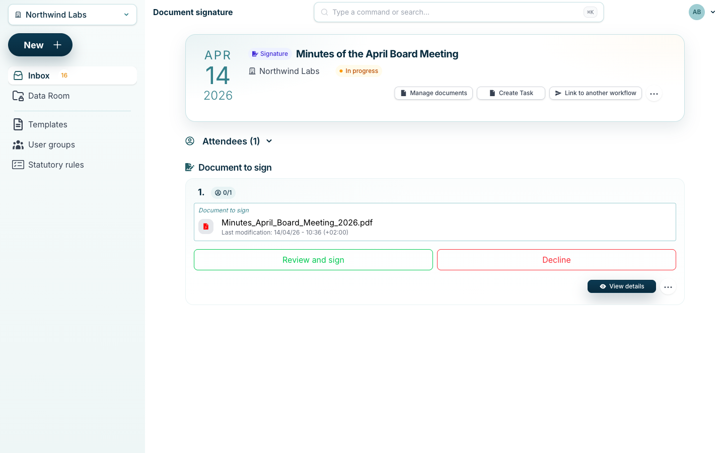 BoardiGO document signature workflow with board meeting minutes prepared and ready to review and sign.