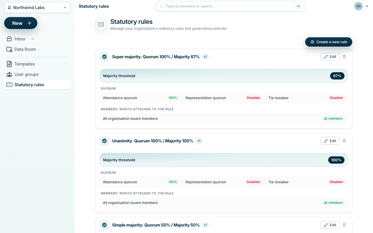 BoardiGO statutory rules screen where quorum and majority rules (super-majority, unanimity, simple majority) are configured and enforced automatically.