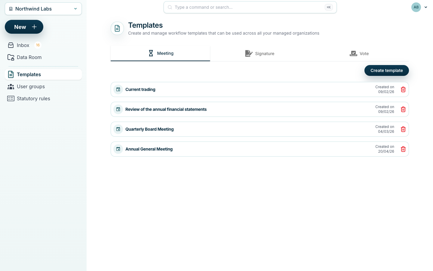 BoardiGO templates library with reusable board meeting and annual general meeting templates.