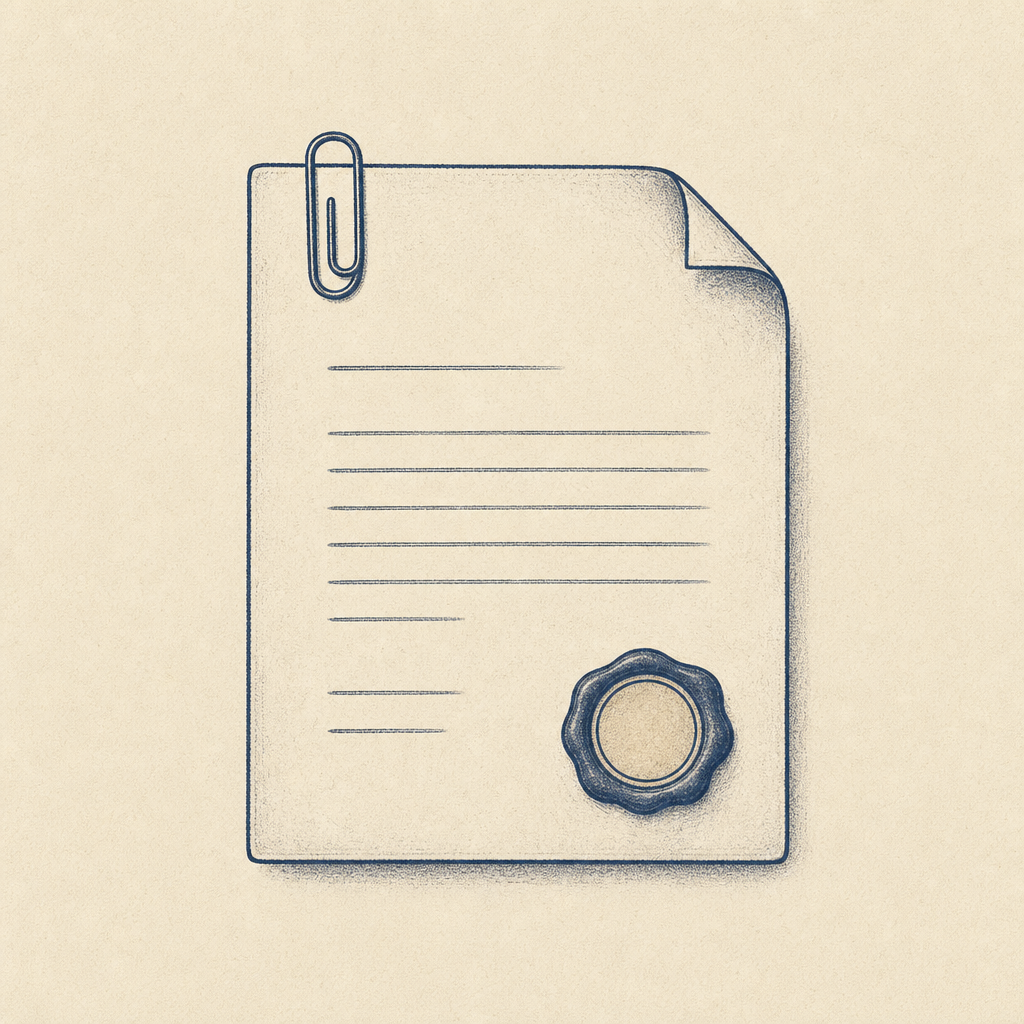 Document with paperclip and seal — board evidence.